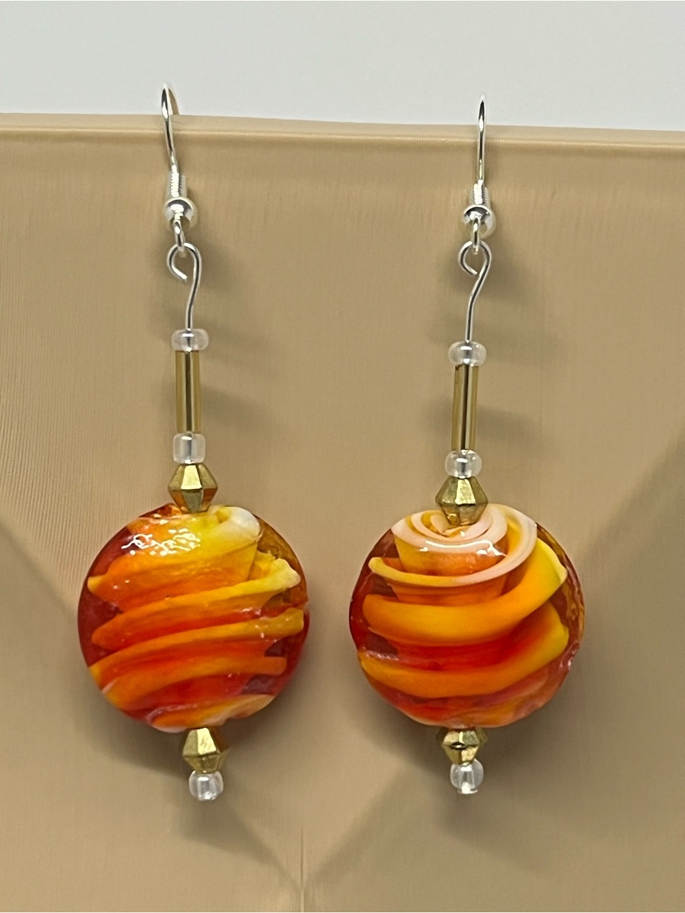 Hand Crafted Red, Orange and Yellow Swirl Glass Drop Earrings